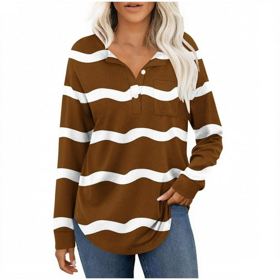 Enjoytime Casual Tops for Women Striped V-Neck Long Sleeve Shirts Fashion Trendy Business Work Button Down Blouses Brown L