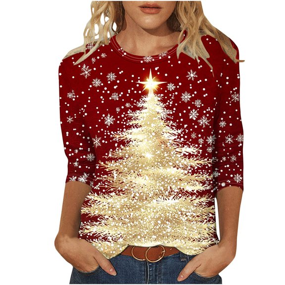 Enjoytime Christmas Blouses for Women Fashion Printed Round Neck 3/4 Sleeve Shirts Casual Loose Women Plus Size Tops Yellow XXL