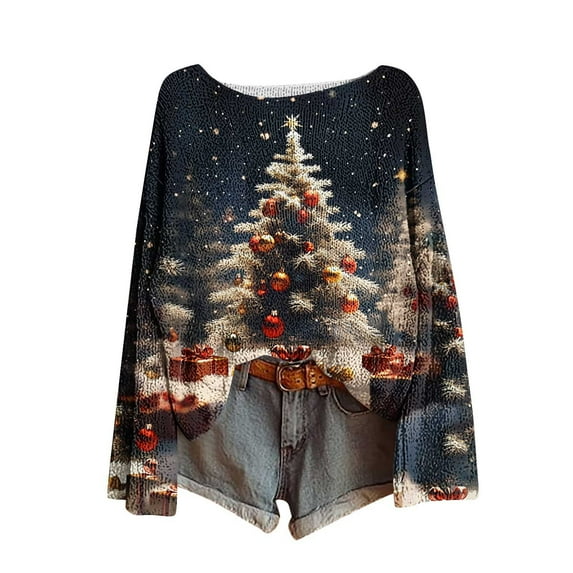 Enjoytime Christmas Cute Tops for Women Printed Round Neck Knitted Long Sleeve Sweater Fall Winter Holiday Pullover Top Blue M