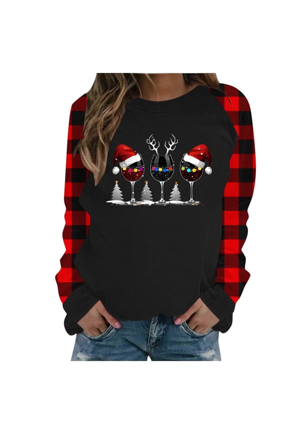 Christmas Gifts Plus Size Shirt for Women Casual Long Sleeve Shirts Tops Cute Printed Basic Pullover Loose Fit Top