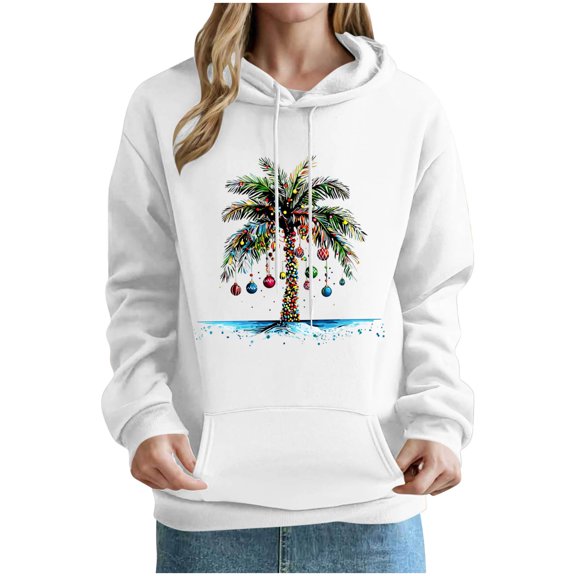 Enjoytime Christmas Hoodies for Women Printed Long Sleeve Pullover Sweatshirts Fall Winter Holiday Cute Sweatshirt White XL