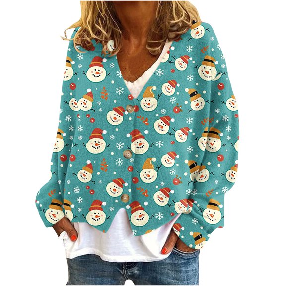 Enjoytime Christmas Jackets for Women Cute Print Button Down V-Neck Cardigan Long Sleeve Fall Winter Fashion Casual Outerwear Green XL