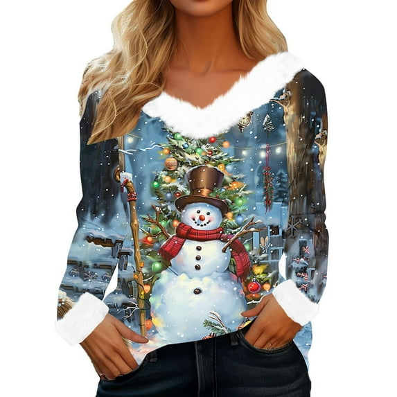 Enjoytime Christmas Ladies Blouses Cute Printed V-Neck Casual Long Sleeve Tops Soft Trendy Fall Winter Warm Shirt Multicolor M