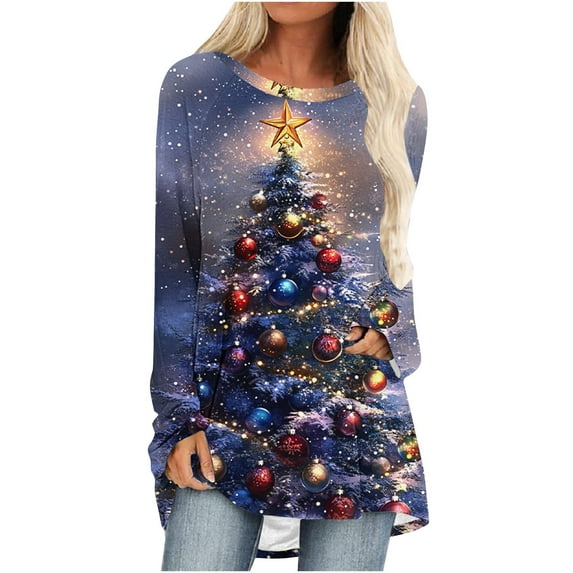 Enjoytime Christmas Ladies Tops and Blouses Printed Crew Neck Long Sleeve Shirt Fashion Casual Fall Winter Plus Size Clothing Multicolor XXL