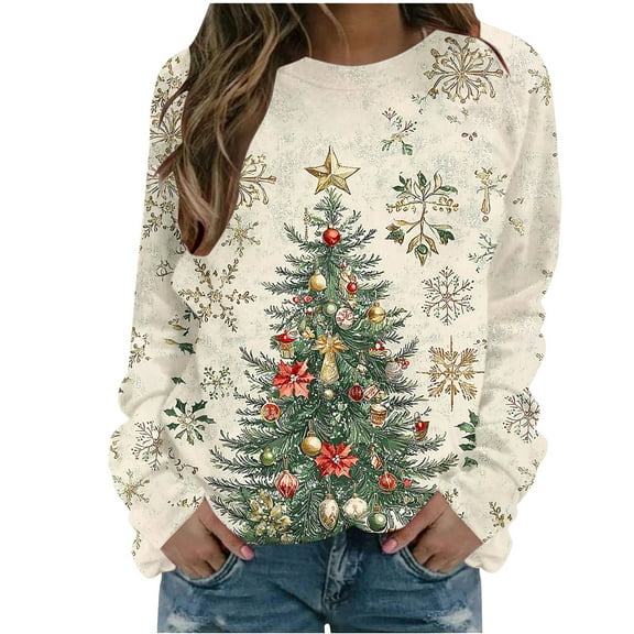 Enjoytime Christmas Sweatshirt for Women Trendy Printed Crewneck Long Sleeve Pullover Tops Xmas Holiday Party Casual Fall Winter Clothing
