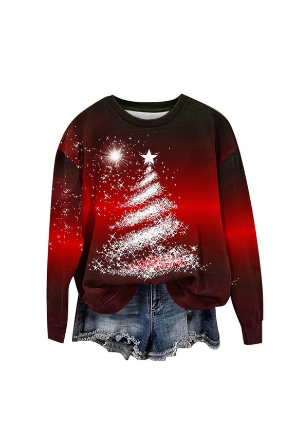 Christmas Sweatshirts for Women Long Sleeve Crewneck Pullover Sweatshirt Xmas Tree Graphic Holiday Plus Size Top Red S