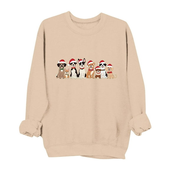 Enjoytime Christmas Sweatshirts for Women Trendy Print Round Neck Long Sleeve Tops Fall Winter Cute Sweatshirt Beige M