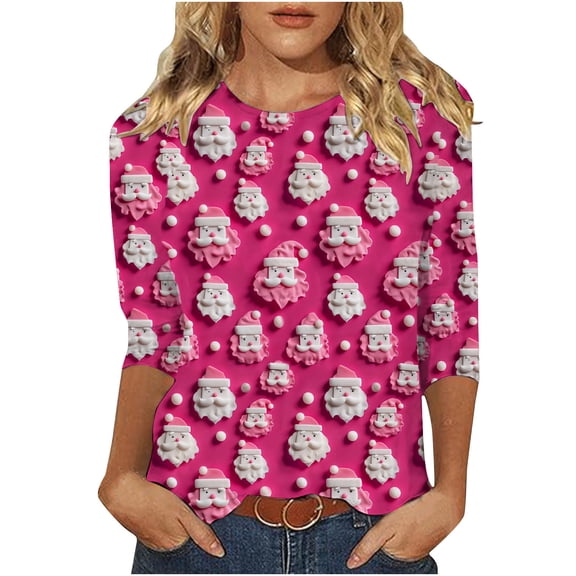 Enjoytime Christmas Tops for Women Trendy Printed Round Neck 3/4 Sleeve Shirt Soft Basic Casual Plus Size Blouses Fall Winter 2025 Clothes Multicolor XXL