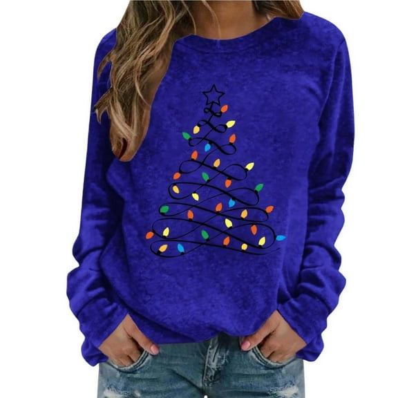 Enjoytime Christmas Tops for Women Trendy Printed Long Sleeve Crewneck Sweatshirts Comfy Fashion Fall Winter Clothes 2025 Blue M