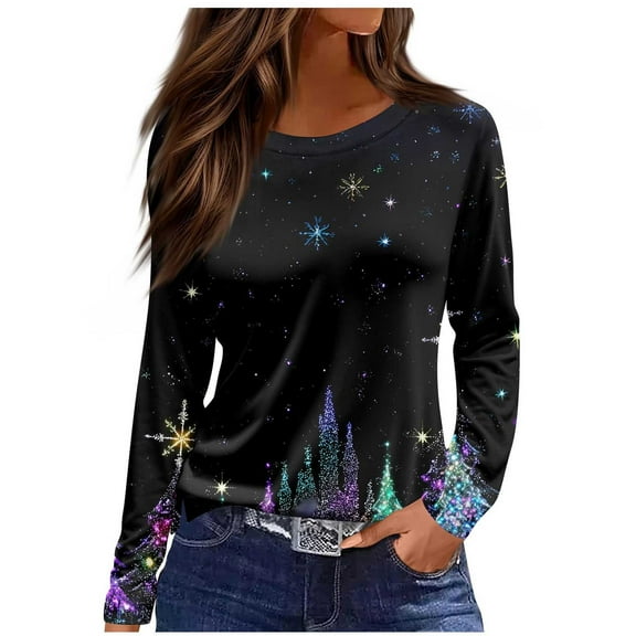Enjoytime Christmas Women Blouse Printed Crew Neck Long Sleeve Shirts Fashion Casual Plus Size Winter Tops Fall Fashion Clothing Purple XXXL