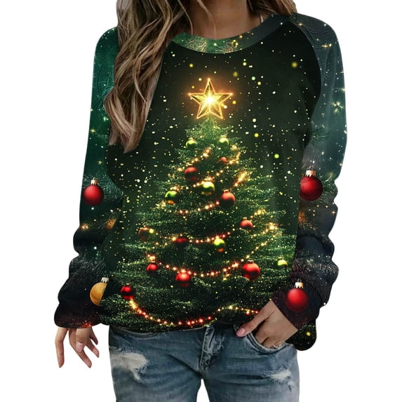 Enjoytime Christmas Women Sweatshirt Print Crewneck Long Sleeve Pullover Tops Xmas Holiday Casual Trendy Sweatshirts