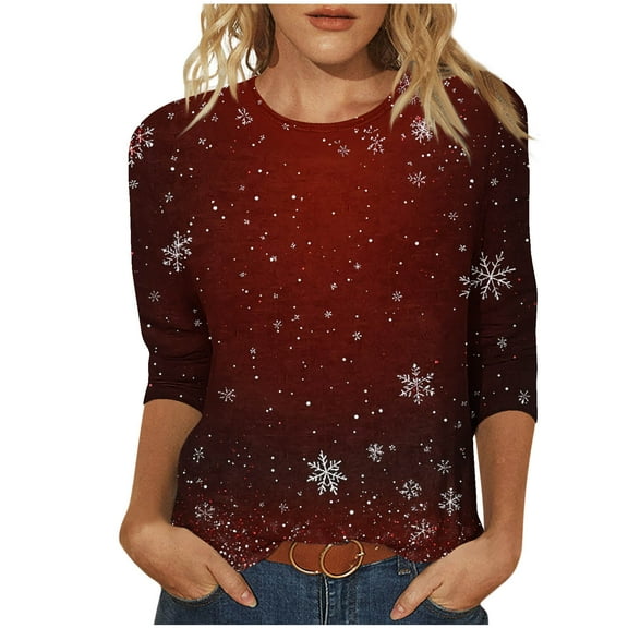 Enjoytime Christmas Women's Blouse Cute Printed Casual Plus Size Tops Fall Winter Fashion Loose Round Neck 3/4 Sleeve Shirts Red XXXL