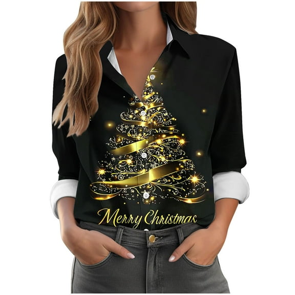 Enjoytime Christmas Women's Blouses Printed Long Sleeve Button Down Shirts Trendy Casual Women Plus Size Tops Gold XXXXL