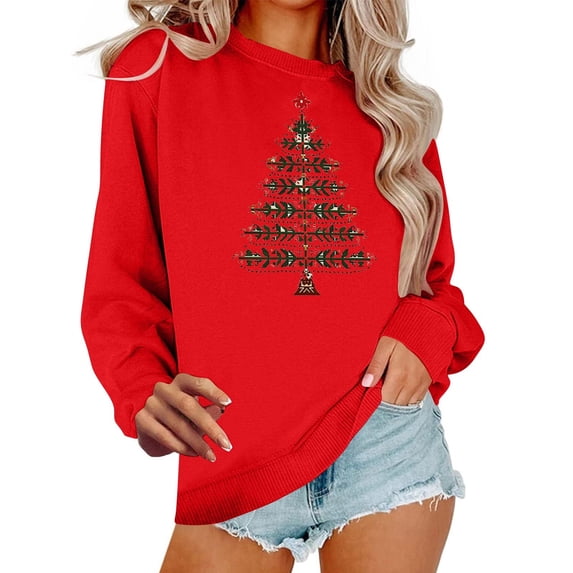 Enjoytime Christmas Women's Sweatshirt Christmas Tree Graphic Crewneck Pullover Tops Comfy Long Sleeve Oversized Sweatshirts Red S