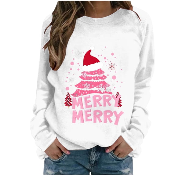 Enjoytime Christmas Women's Sweatshirt Printed Crewneck Pullover Sweatshirts Fall Winter Loose Casual Long Sleeve Tops White XL