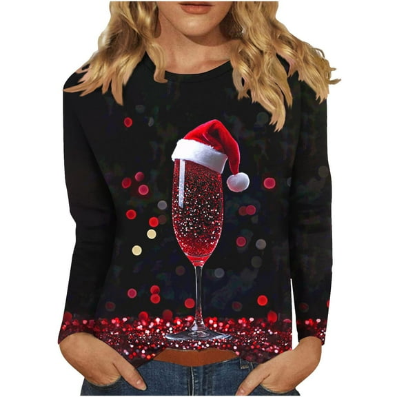 Enjoytime Christmas Women's Tops Casual Printed Crewneck Plus Size Shirt Loose Fall Winter Casual Long Sleeve Blouses Dark Blue XXXXL