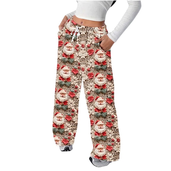 Enjoytime Christmas Womens Casual Pants Cute Printed Elastic Waist Casual Trousers Fashion Flannel Loose Comfy Stretchy Pants with Pockets Multicolor M