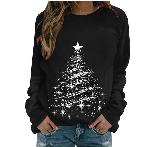 Enjoytime Christmas Womens Long Sleeve Blouse Printed Crew Neck Casual Shirts Fall Winter Cute Trendy Tops Fashion Clothes 2025 Black M