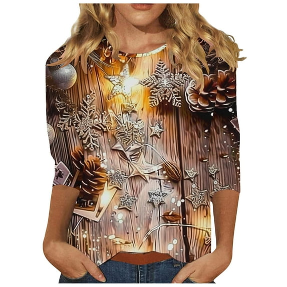 Enjoytime Christmas Womens Oversized Shirts Casual Print 3/4 Sleeve Shirt Plus Size Tops for Women
