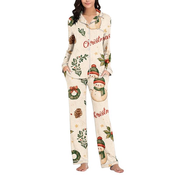 Enjoytime Christmas Womens Pajamas Set Print Long Sleeve 2 Piece Loungewear Sets Xmas Holiday Cozy Button Down Sleepwear