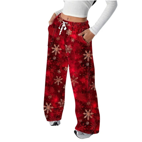Enjoytime Christmas Womens Pants Casual Printed Elastic Waist Trousers Fashion Flannel Loose Comfy Pants with Pockets Multicolor L
