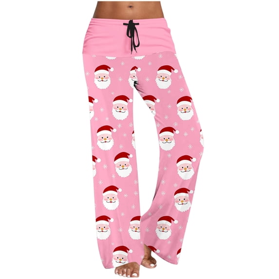 Enjoytime Christmas Womens Pants Cute Printed High Waisted Straight Leg Cozy Stretch Pants Casual Drawstring Loose Fashion Trousers Pink S