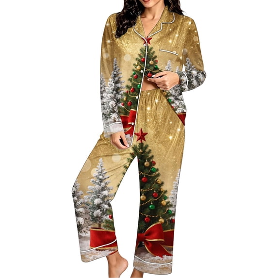Enjoytime Christmas Womens Pjs Sets Print Button Down Long Sleeve Shirts Pants 2 Piece Sleepwear Xmas Soft Plus Size Pajama Set