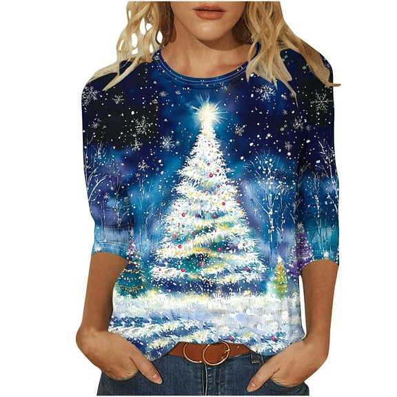Enjoytime Christmas Womens Shirts Casual Printed Round Neck 3/4 Sleeve Tops Fashion Holiday Loose Plus Size Women Blouses Fall Winter 2025 Clothes Blue XXL