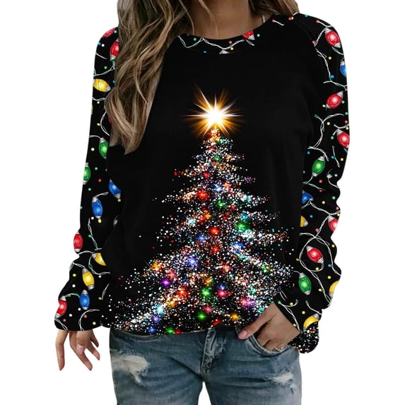 Enjoytime Christmas Womens Sweatshirts Print Crewneck Long Sleeve Pullover Tops Xmas Holiday Casual Trendy Sweatshirt