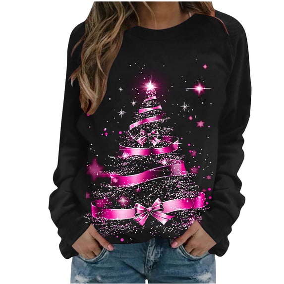 Enjoytime Christmas Womens Tops Trendy Printed Crew Neck Long Sleeve Shirt Casual Xmas Holiday Shirt Fall Winter Fashion Clothing 2025 Pink L