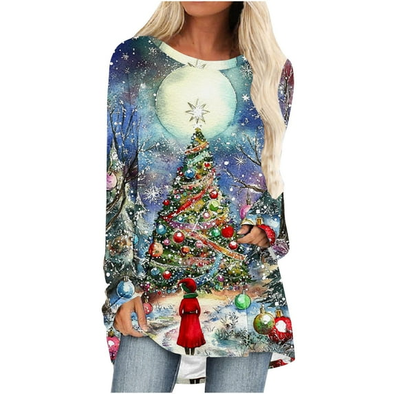 Enjoytime Christmas Womens Tops Trendy Printed Crew Neck Plus Size Shirts Xmas Holiday Party Casual Long Sleeve Blouses Multicolor M