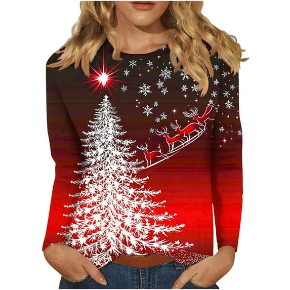 Enjoytime Christmas Womens Tops Trendy Printed Funny Xmas Holiday Long Sleeve Shirts Trendy Casual Plus Size Blouses Watermelon Red XL