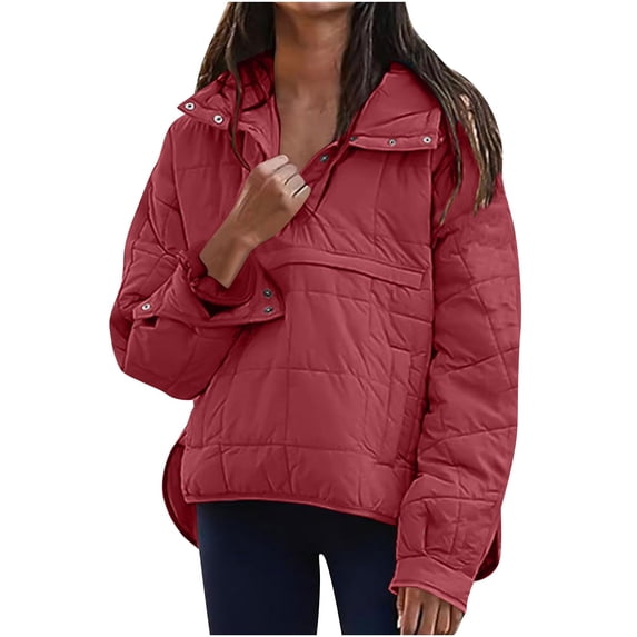 Enjoytime Coats for Women Solid Color Stand Up Collar Button Pullover Puffer Jacket Lightweight Warm Fall Winter Long Sleeve Outerwear with Pockets Wine S