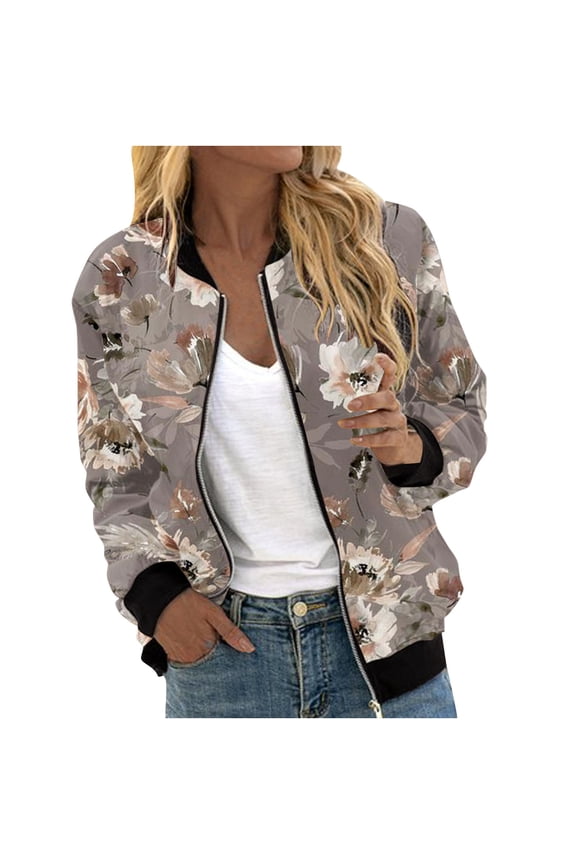 Coats for Women Floral Printed Long Sleeve Zip Up Jacket Fashion Trendy Loose Casual Outerwear Khaki L