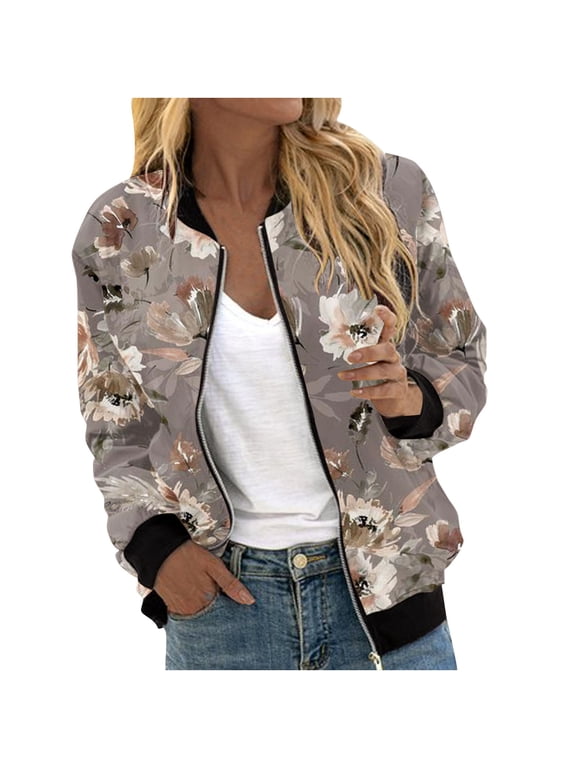 Coats for Women Floral Printed Long Sleeve Zip Up Jacket Fashion Trendy Loose Casual Outerwear Khaki XXL
