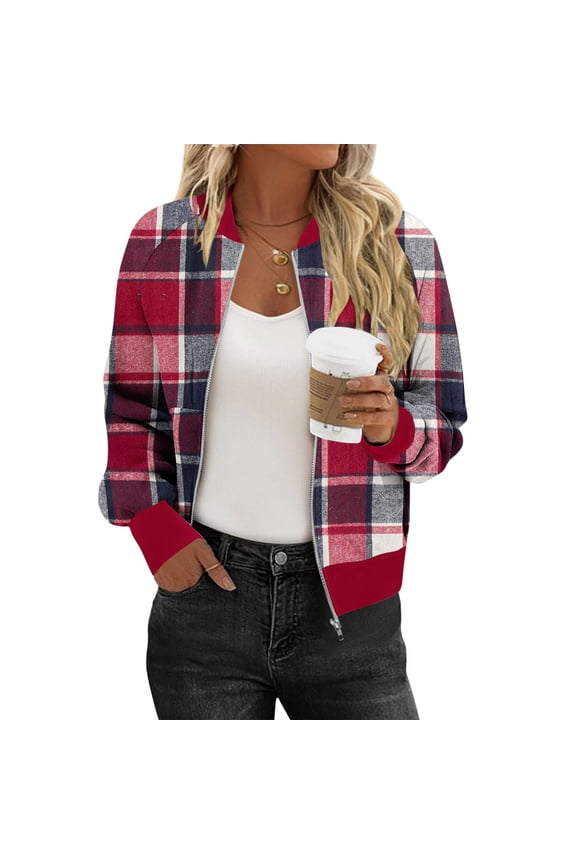 Coats for Women Plaid Printed Long Sleeve Zip Up Jacket Lightweight Fall Winter Fashion Casual Outerwear