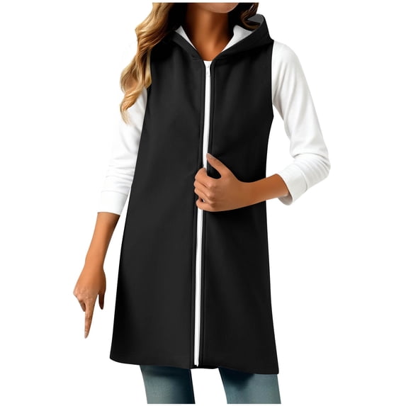 Enjoytime Coats for Women Solid Color Sleeveless Hooded Sweatshirt Casual Mid-Length Zip Up Jacket Plus Size Fashion Outerwear Black XXXL