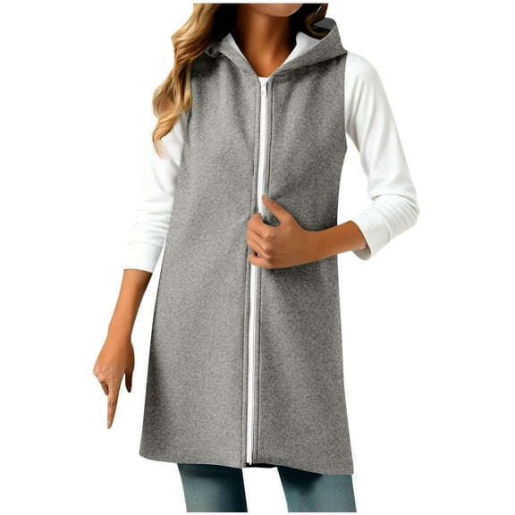 Enjoytime Coats for Women Solid Color Sleeveless Hooded Sweatshirt Casual Mid-Length Zip Up Jacket Plus Size Fashion Outerwear Gray L