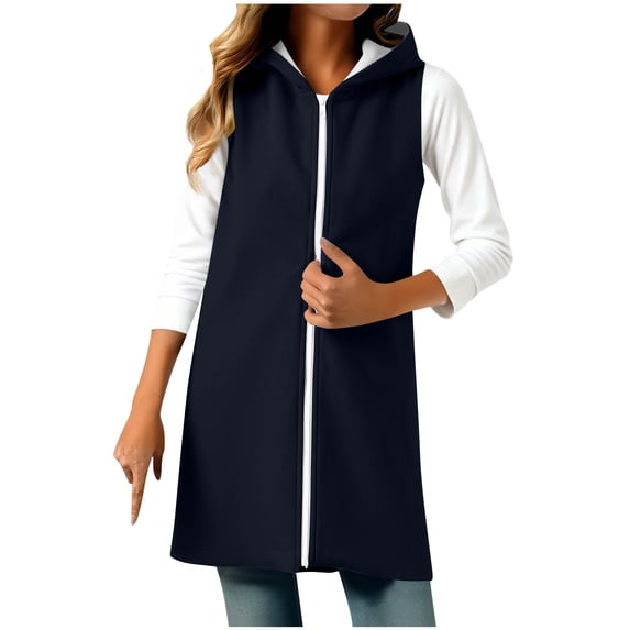 Enjoytime Coats for Women Solid Color Sleeveless Hooded Sweatshirt Casual Mid-Length Zip Up Jacket Plus Size Fashion Outerwear Navy XXL