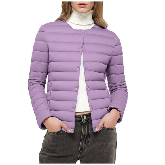 Enjoytime Coats for Women Solid Color V-Neck Long Sleeve Button Down Down Jacket Lightweight Casual Cropped Outerwear Warm Fall Winter Clothing