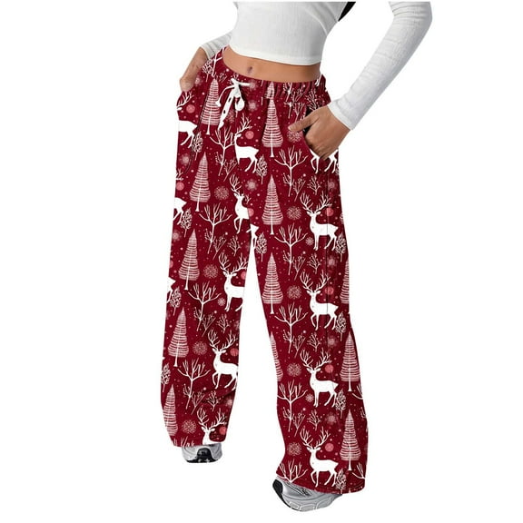 Enjoytime Comfy Pants Women Christmas Printed Elastic Waist Straight Leg Pants Fashion Flannel Loose Casual Trousers with Pockets Multicolor L
