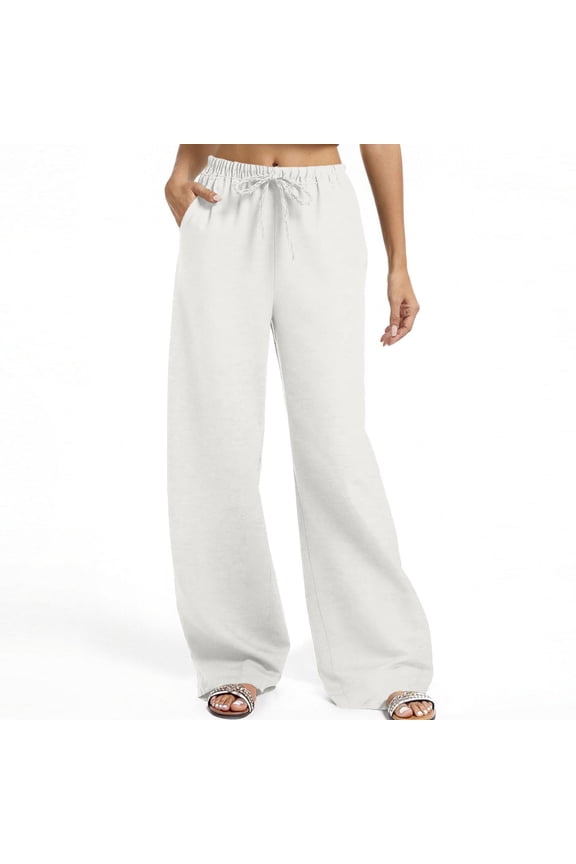Comfy Pants Women Solid Color Elastic Waist Lounge Pants with Side Pockets Office Business Casual Trousers White S