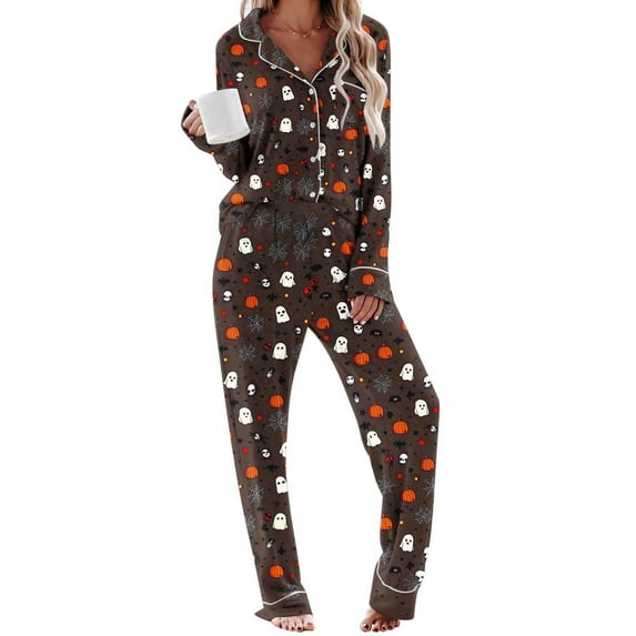 Enjoytime Comfy Sets for Women Clothing Halloween Printed Long Sleeve Button Down Shirts Loose Pants Sleepwear Trendy Casual Soft Pajama Set