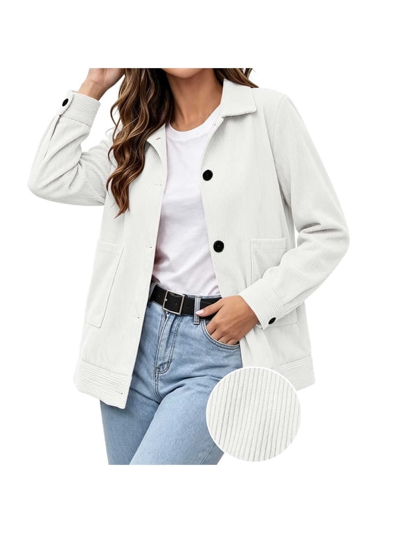 Corduroy Jackets for Women Lapel Button Down Fall Coat Casual Long Sleeve Casual Outerwear with Pockets