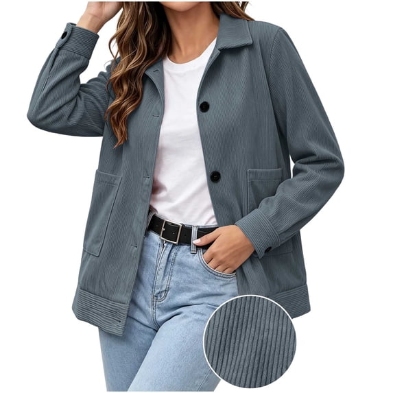 Enjoytime Corduroy Jackets for Women Lapel Button Down Fall Coat Casual Long Sleeve Casual Outerwear with Pockets