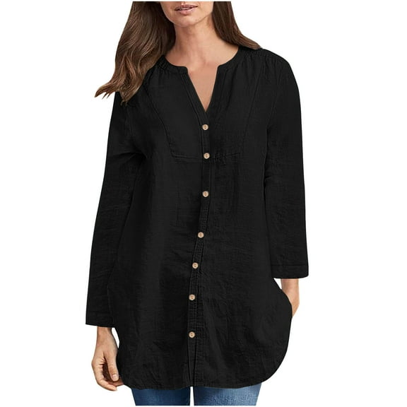 Enjoytime Cotton and Linen Shirts for Women V Neck Long Sleeve Solid Color Button up Shirt Casual Loose Fit Workwear Office Womens Tops