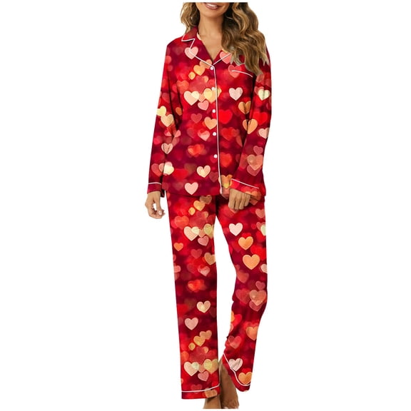 Enjoytime Cozy Lounge Sets for Women Heart Print Long Sleeve Button Down Sleepwear Tops and Long Pants Two Piece Sets Casual Cute Plus Size Pajamas
