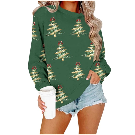 Enjoytime Crew Neck Sweatshirts Women Christmas Long Sleeve Tops Funny Xmas Graphic Pullover Sweatshirt Fall Winter Clothes 2025 Army Green M