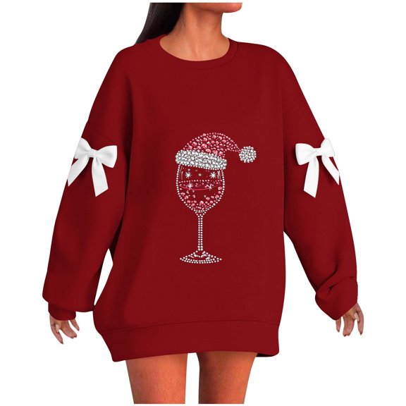 Enjoytime Crew Neck Sweatshirts Women Christmas Printed Casual Sweatshirt with Bow Loose Long Sleeve Pullover Tops Plus Size Womens Clothing