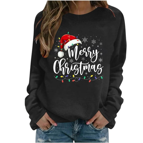Enjoytime Crew Neck Sweatshirts Women Cute Printed Long Sleeve Pullover Tops Xmas Holiday Casual Fashion Clothing Black XXL
